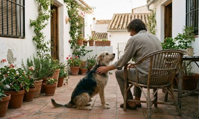 Adopted mixed-breed dog sitting with its new owner on a sunny terrace in Andalucía