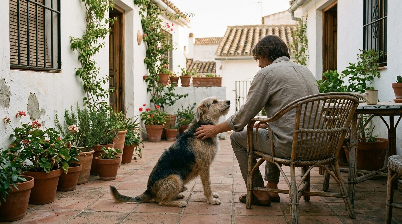 Adopted mixed-breed dog sitting with its new owner on a sunny terrace in Andalucía