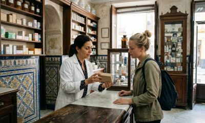 Pharmacist in a white coat explaining a medicine to a young woman at the counter of a traditional pharmacy in Seville