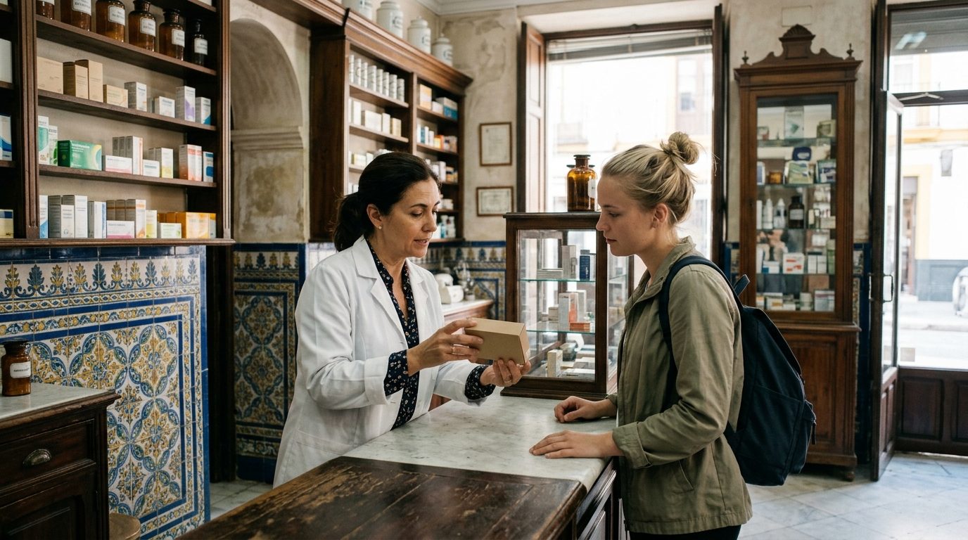 Pharmacist in a white coat explaining a medicine to a young woman at the counter of a traditional pharmacy in Seville