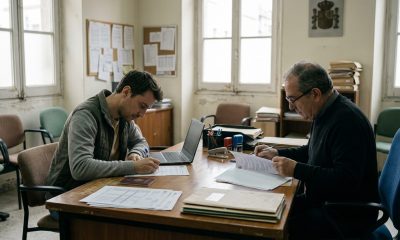 Applicant filling in a Spanish visa form while an official reviews documents at a desk