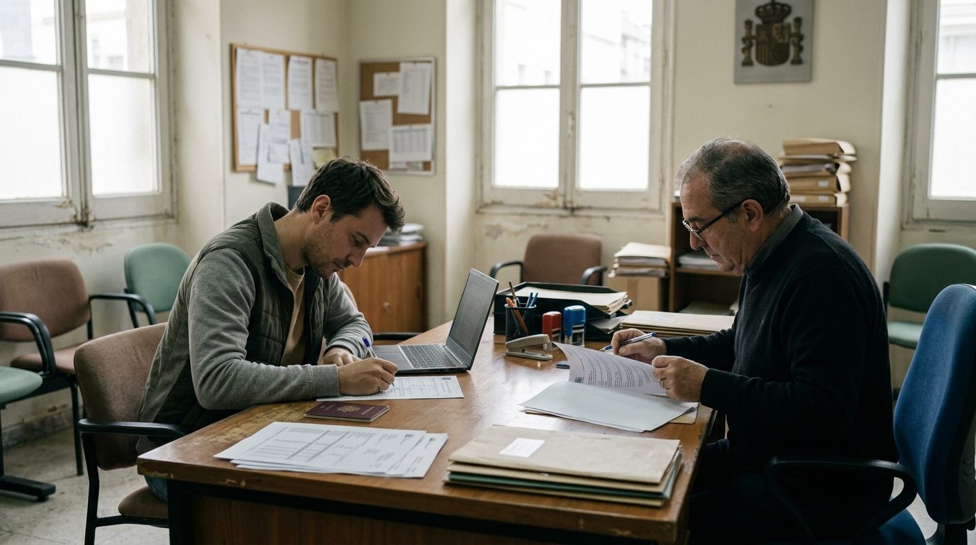 Applicant filling in a Spanish visa form while an official reviews documents at a desk
