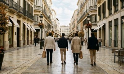 People in light jackets walking on a marble-paved shopping street in Málaga in autumn
