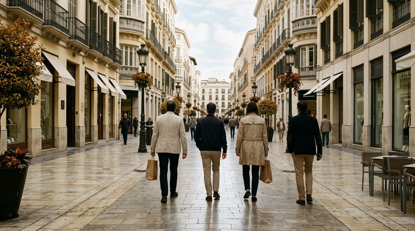 People in light jackets walking on a marble-paved shopping street in Málaga in autumn