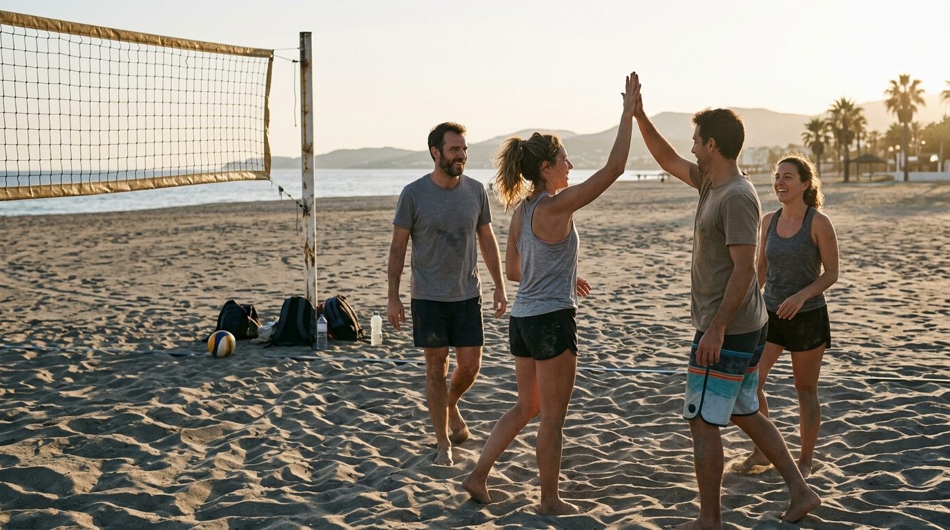 Mixed group of expats and locals high-fiving after a beach volleyball game at sunset on the Costa del Sol