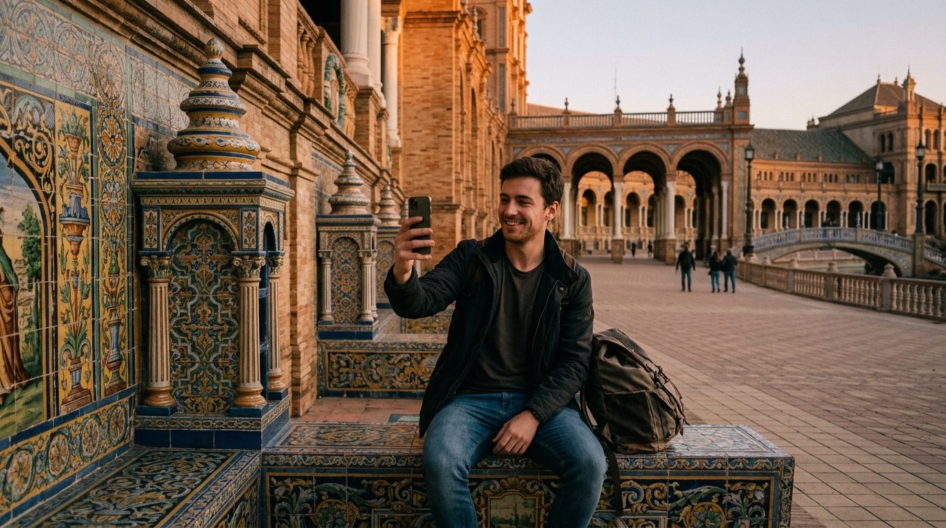 Young man video-calling his family on a smartphone while sitting on a tiled bench in Seville's Plaza de España at dusk