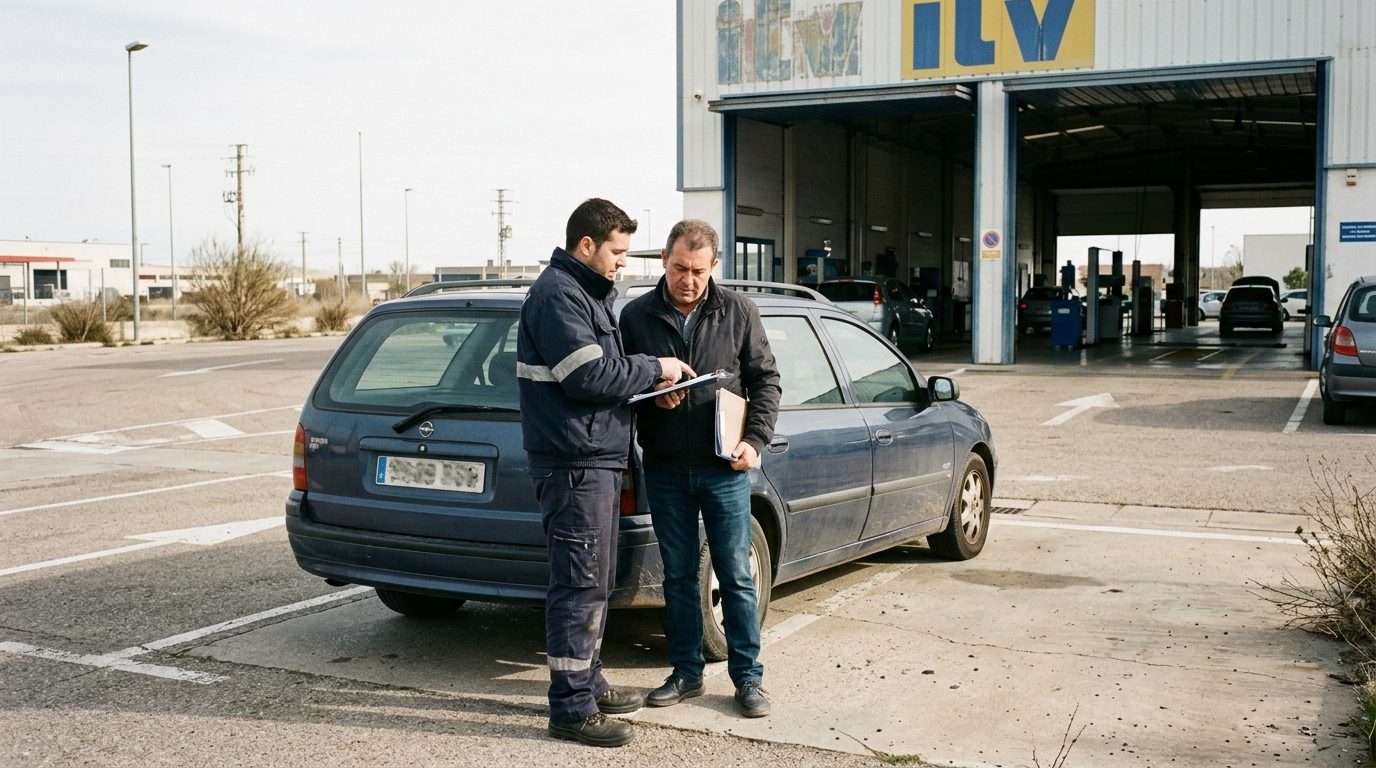 Car owner and ITV technician checking paperwork outside a vehicle inspection station in Spain
