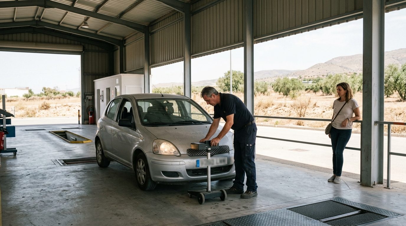 Inspector checking a car's headlights in an inspection hall on the Costa del Sol while the owner waits