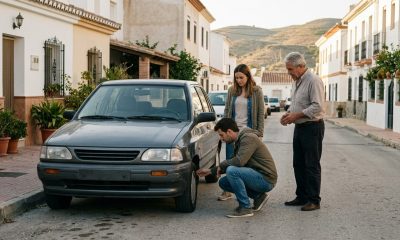 Young couple inspecting a second-hand car with an older seller on a sunny residential street in Málaga province