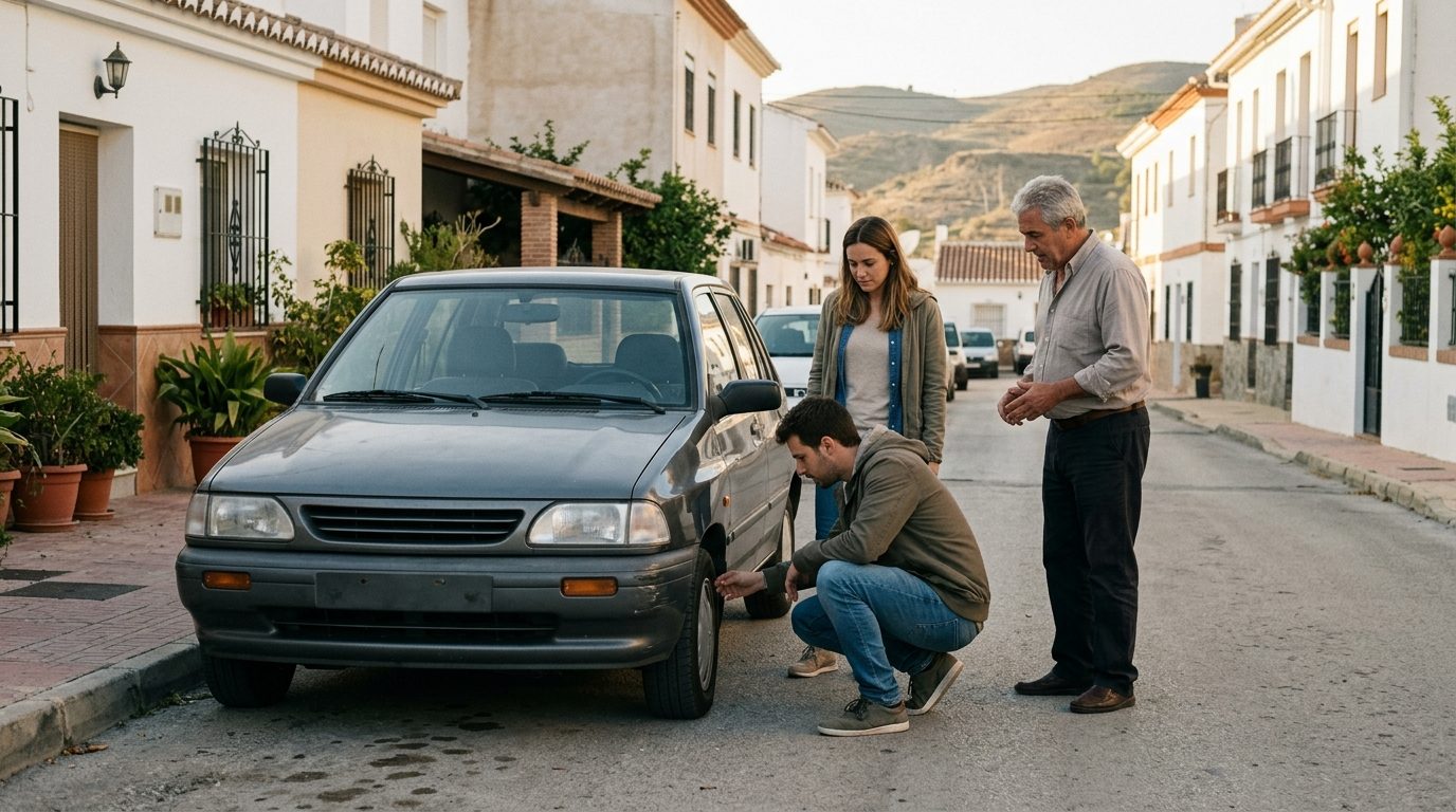 Young couple inspecting a second-hand car with an older seller on a sunny residential street in Málaga province