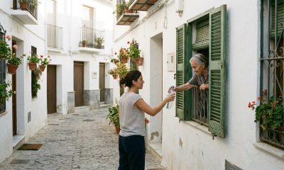 Young woman giving water to an elderly neighbour at a shuttered window in a white Andalusian street on a hot summer morning