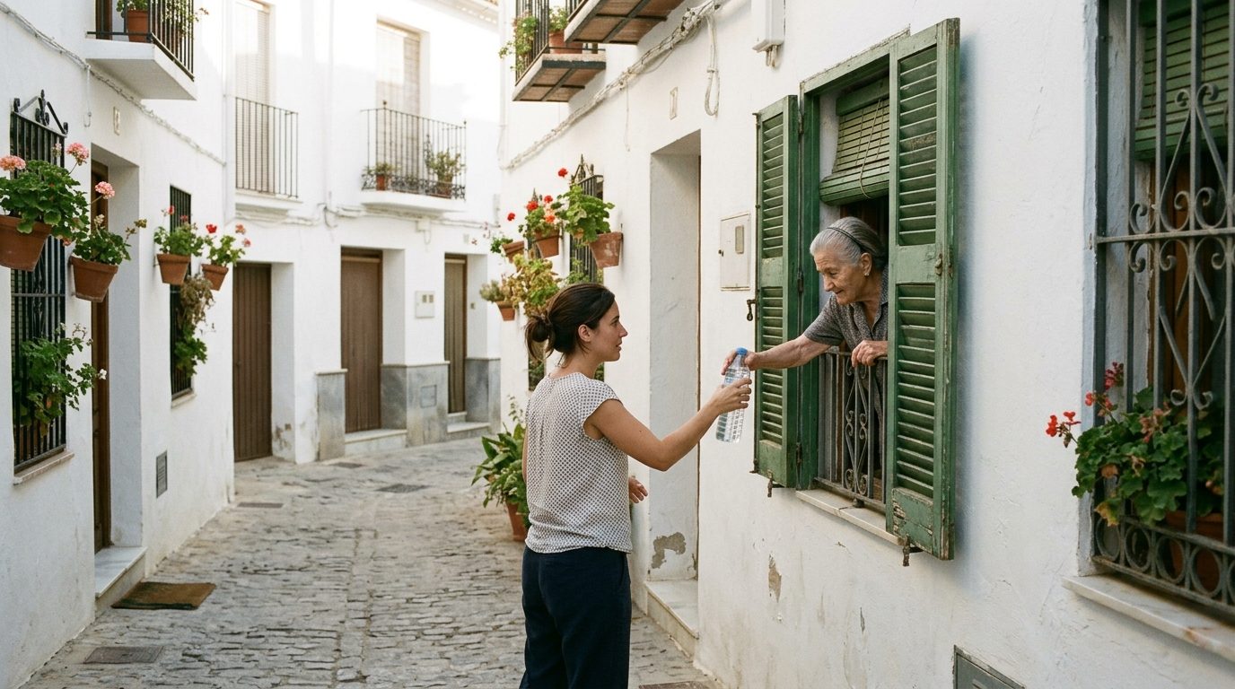 Young woman giving water to an elderly neighbour at a shuttered window in a white Andalusian street on a hot summer morning