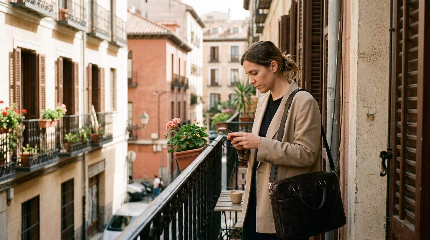 Young professional checking her salary in a banking app on a balcony in a Spanish city