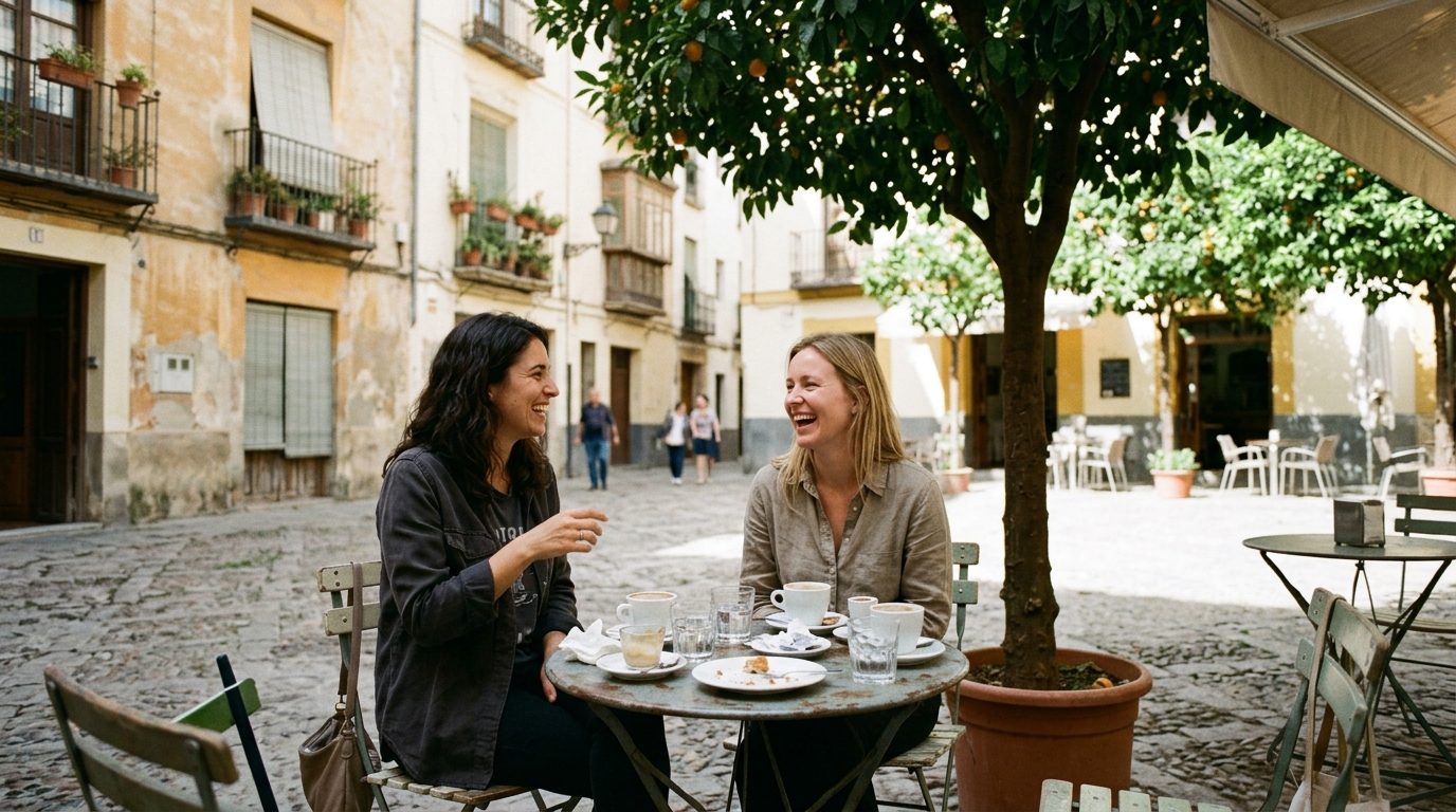 Two women friends laughing over coffee on a café terrace in a small Spanish plaza