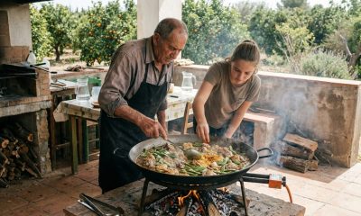 Grandfather and teenage granddaughter cooking a large paella over a wood fire on a sunny patio with orange trees behind