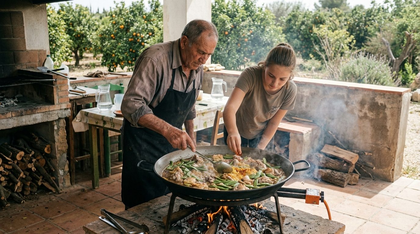 Grandfather and teenage granddaughter cooking a large paella over a wood fire on a sunny patio with orange trees behind