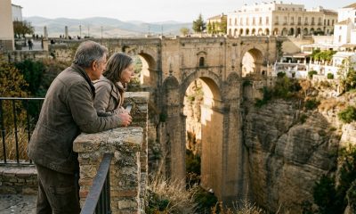 Older couple at a Ronda viewpoint looking at the Puente Nuevo bridge over the El Tajo gorge in late-afternoon light