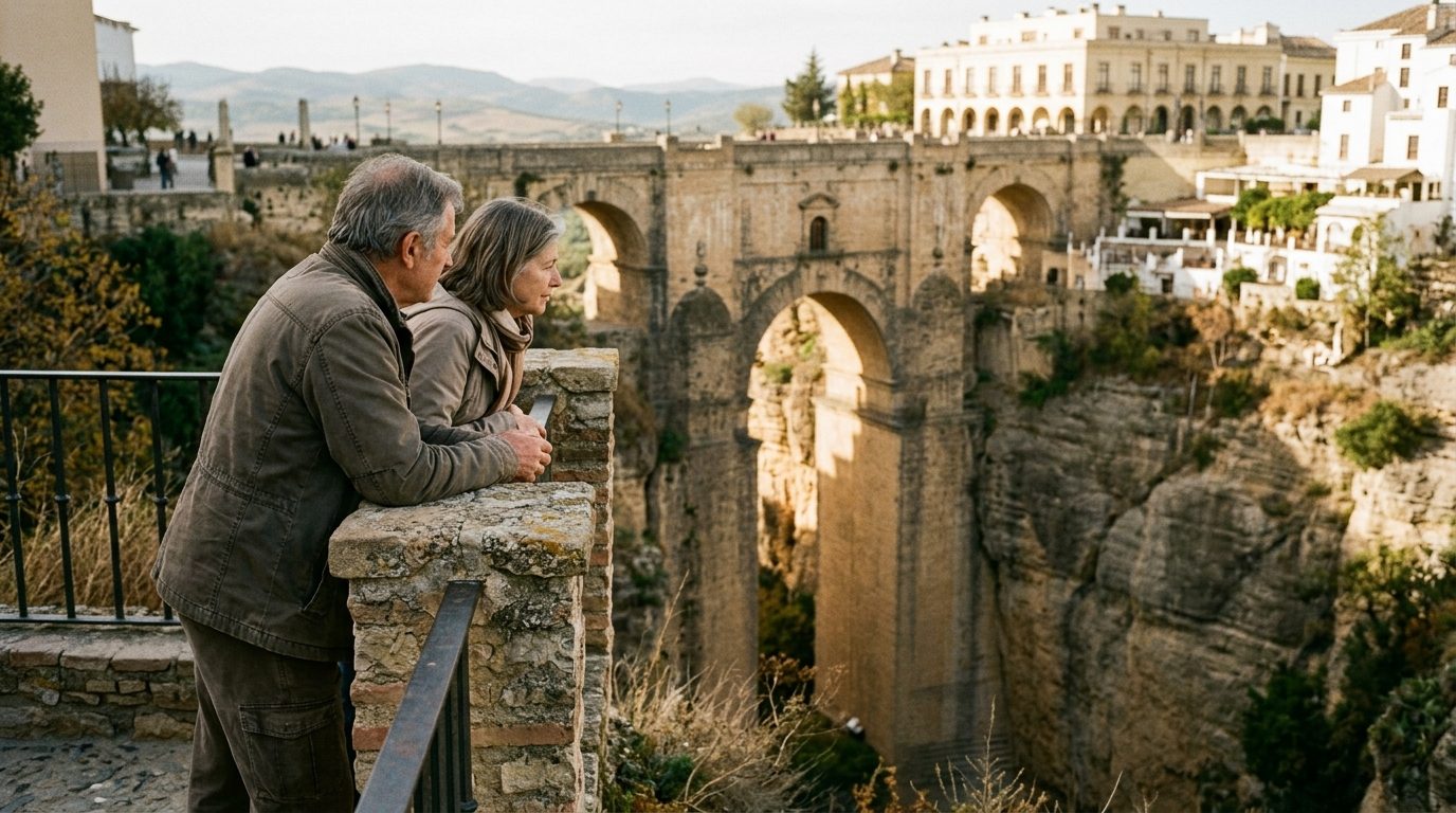 Older couple at a Ronda viewpoint looking at the Puente Nuevo bridge over the El Tajo gorge in late-afternoon light