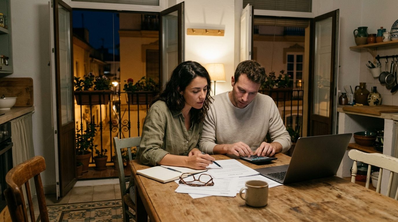 Young couple at a kitchen table in Málaga working out property purchase costs with a calculator and documents