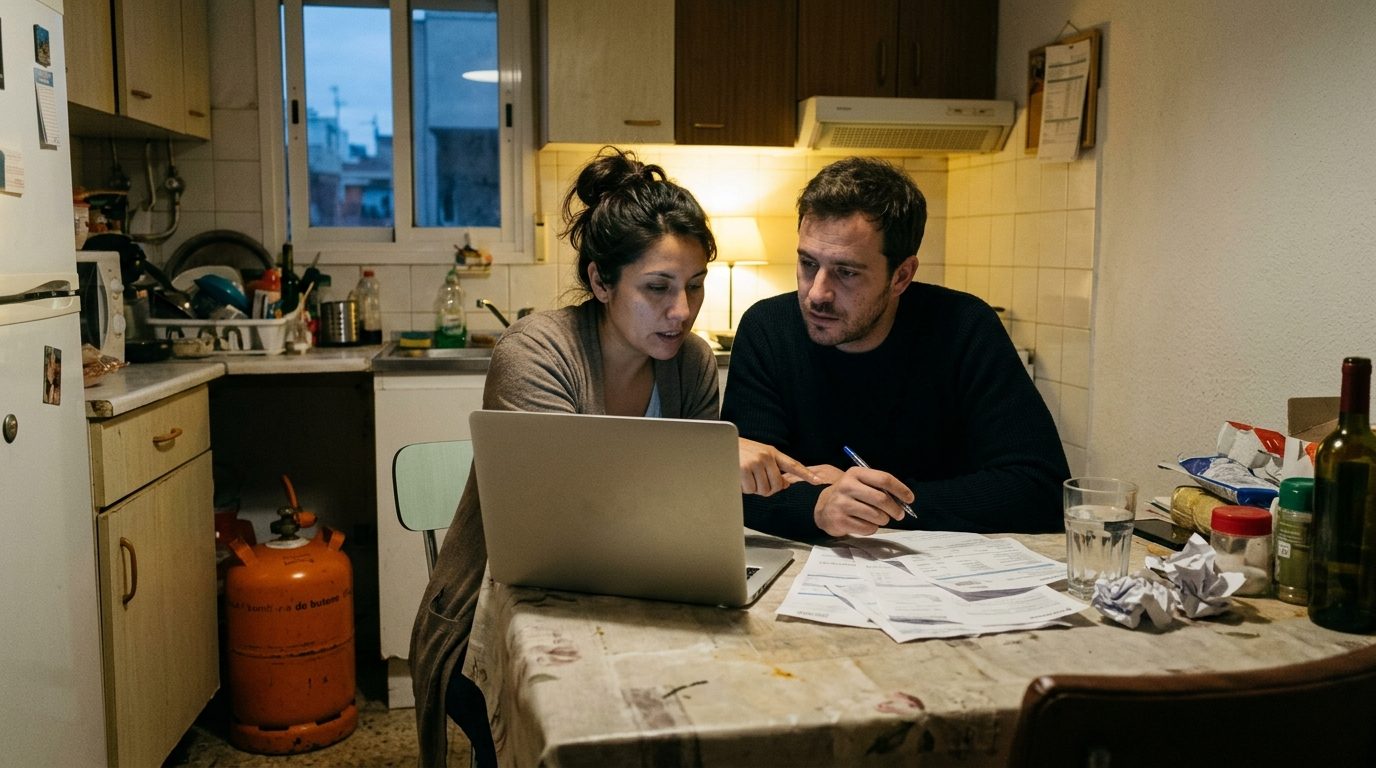 Young couple comparing household bills on a laptop at a kitchen table in a Spanish flat, butane bottle nearby