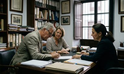 Retired couple signing documents with a notary in a wood-panelled office in Marbella