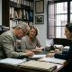 Retired couple signing documents with a notary in a wood-panelled office in Marbella