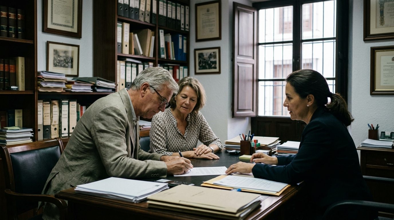 Retired couple signing documents with a notary in a wood-panelled office in Marbella