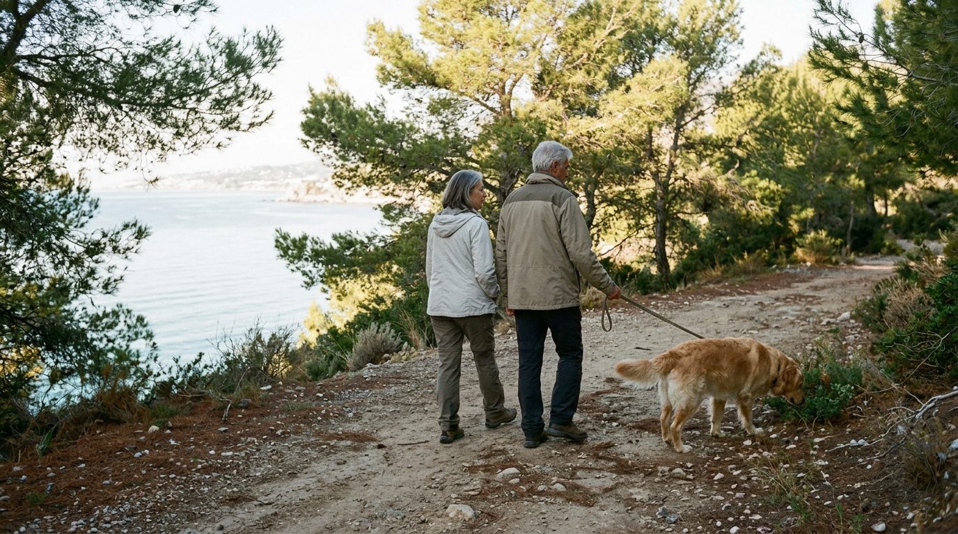 Retired couple walking a golden retriever on a pine-lined path near the sea in Nerja in the early morning