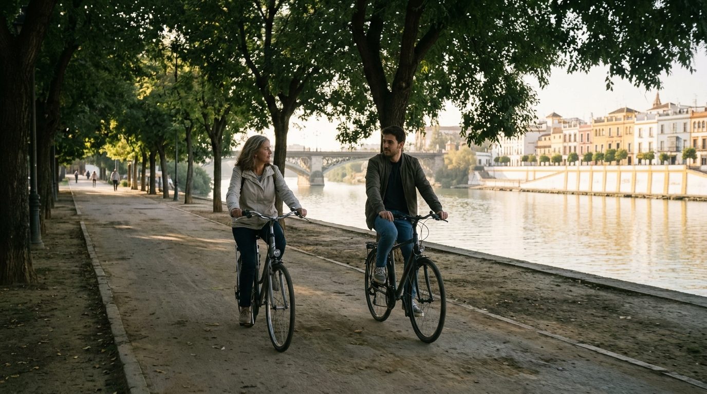 Mother and adult son cycling along the Guadalquivir riverside path in Triana, Seville, on a sunny autumn morning