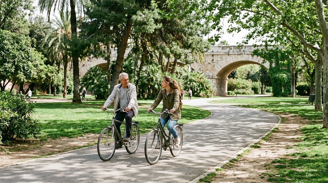 Older man and his adult daughter cycling side by side through the leafy Turia gardens park in Valencia on a spring afternoon