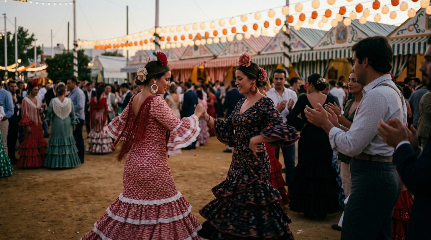 Women in flamenco dresses dancing sevillanas under lanterns at an Andalusian feria