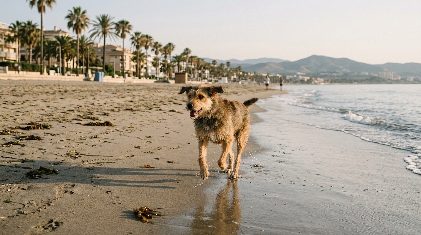 Dog running along a sandy beach on the Costa del Sol in the early morning