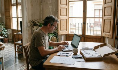 Man doing his Spanish tax return on a laptop at a kitchen table with receipts in a sunny apartment