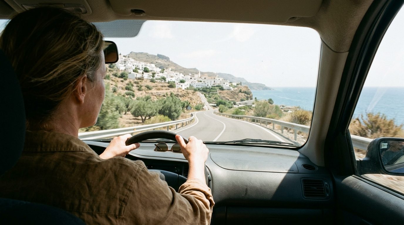 Woman driving on a sunny coastal road in Andalusia with a white village and the sea ahead
