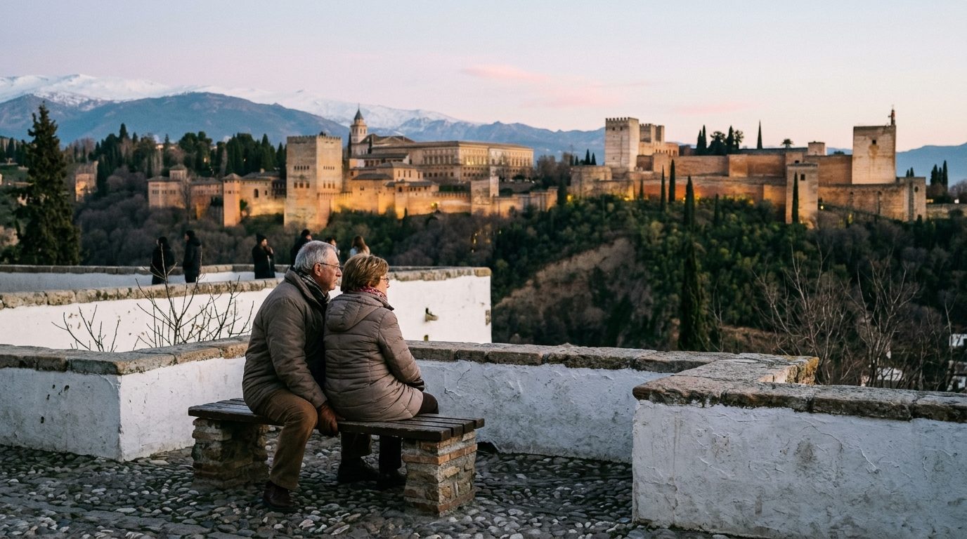 Retired couple on a bench in the Albaicín at dusk looking across to the lit Alhambra and snowy Sierra Nevada