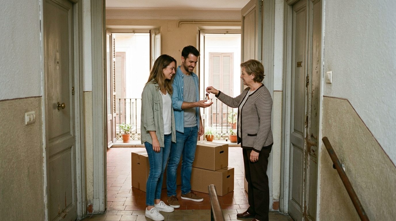 Landlady handing apartment keys to an expat couple in the doorway of a Spanish flat with moving boxes