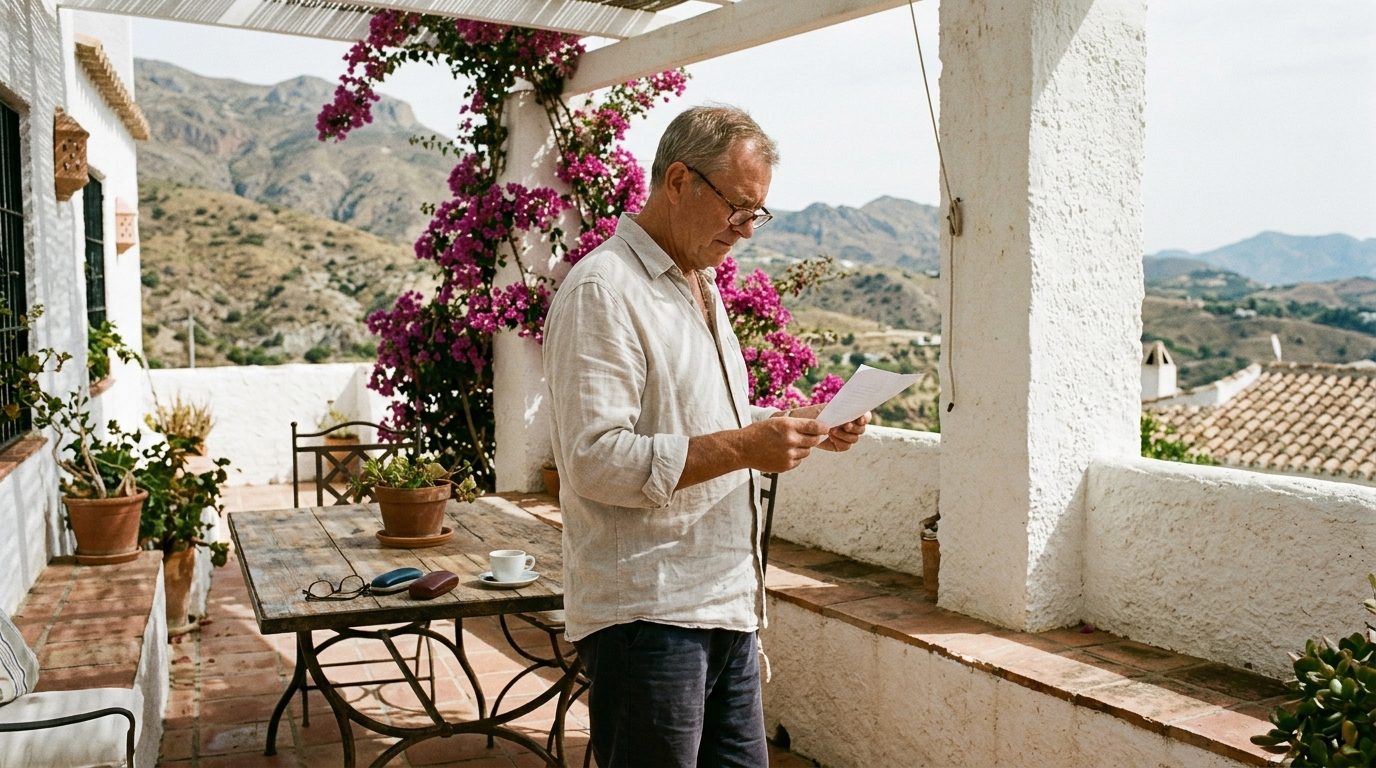 Expat homeowner reading a town hall letter on the terrace of a whitewashed Spanish villa