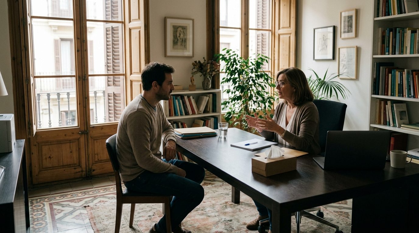 Expat in a calm counselling session with a psychologist in a bright Spanish office