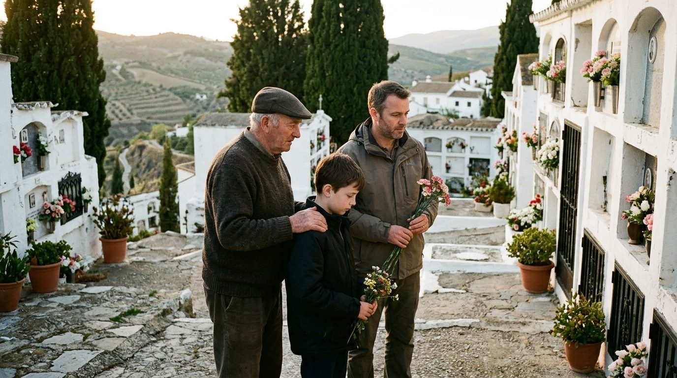 Three generations of a family standing together with flowers in a whitewashed Andalusian village cemetery at golden hour