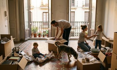 Parents with a toddler, a young daughter and a dog unpacking moving boxes in a sunny Spanish apartment