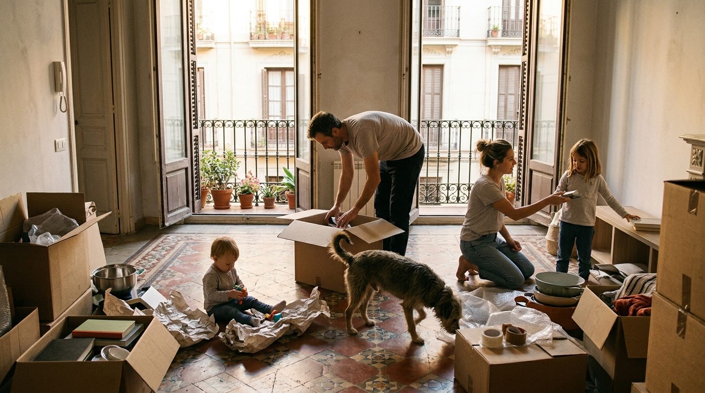 Parents with a toddler, a young daughter and a dog unpacking moving boxes in a sunny Spanish apartment