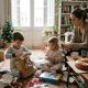 A family with children opening presents on Three Kings Day morning in a Spanish home