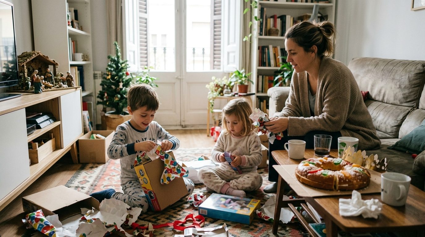 A family with children opening presents on Three Kings Day morning in a Spanish home