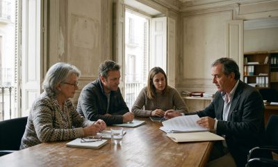Older woman and her adult children go through inheritance documents with a lawyer in a sunny office in Málaga