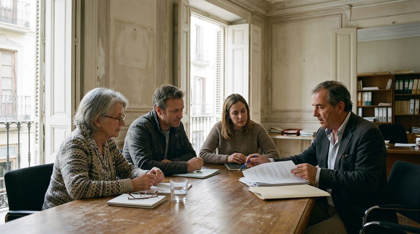 Older woman and her adult children go through inheritance documents with a lawyer in a sunny office in Málaga