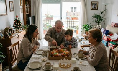 Spanish family with children and grandparents sharing a roscón de Reyes at home on Three Kings morning