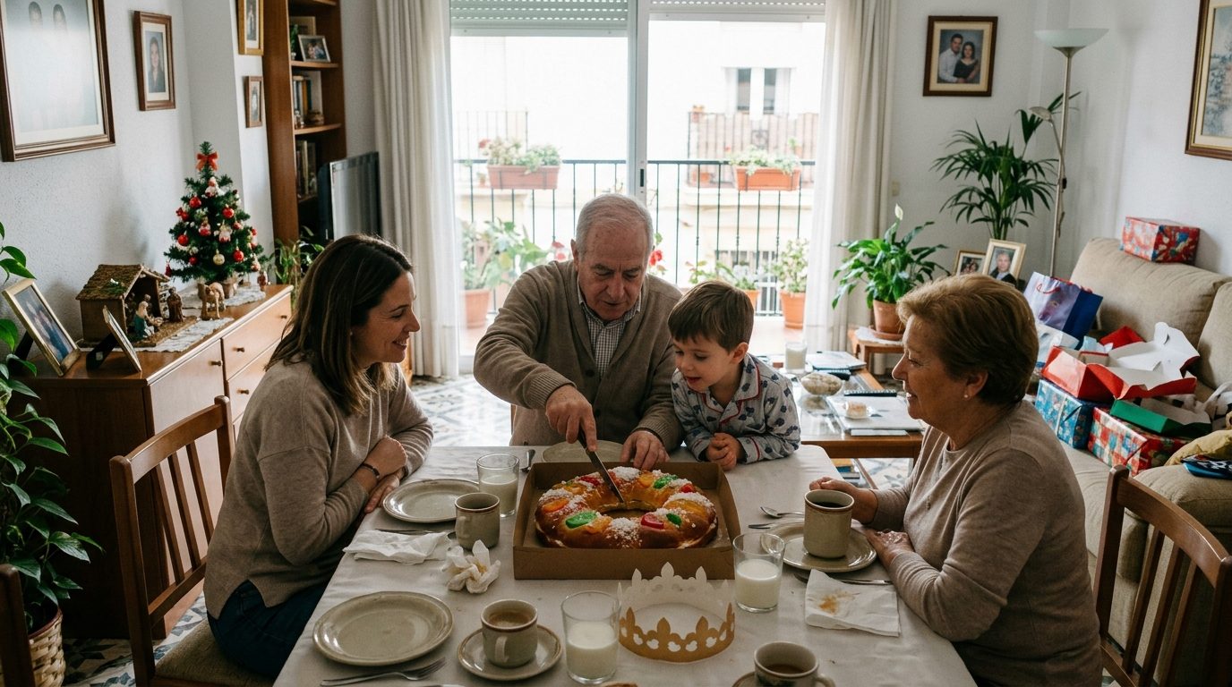 Spanish family with children and grandparents sharing a roscón de Reyes at home on Three Kings morning