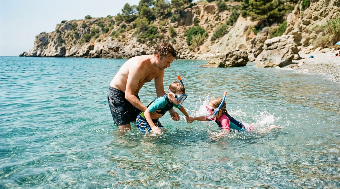 Father and two young children snorkelling in clear turquoise water below the cliffs at Maro beach near Nerja