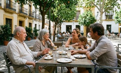 Three generations of a family chatting over coffee after a late lunch on a shaded terrace in a Seville plaza