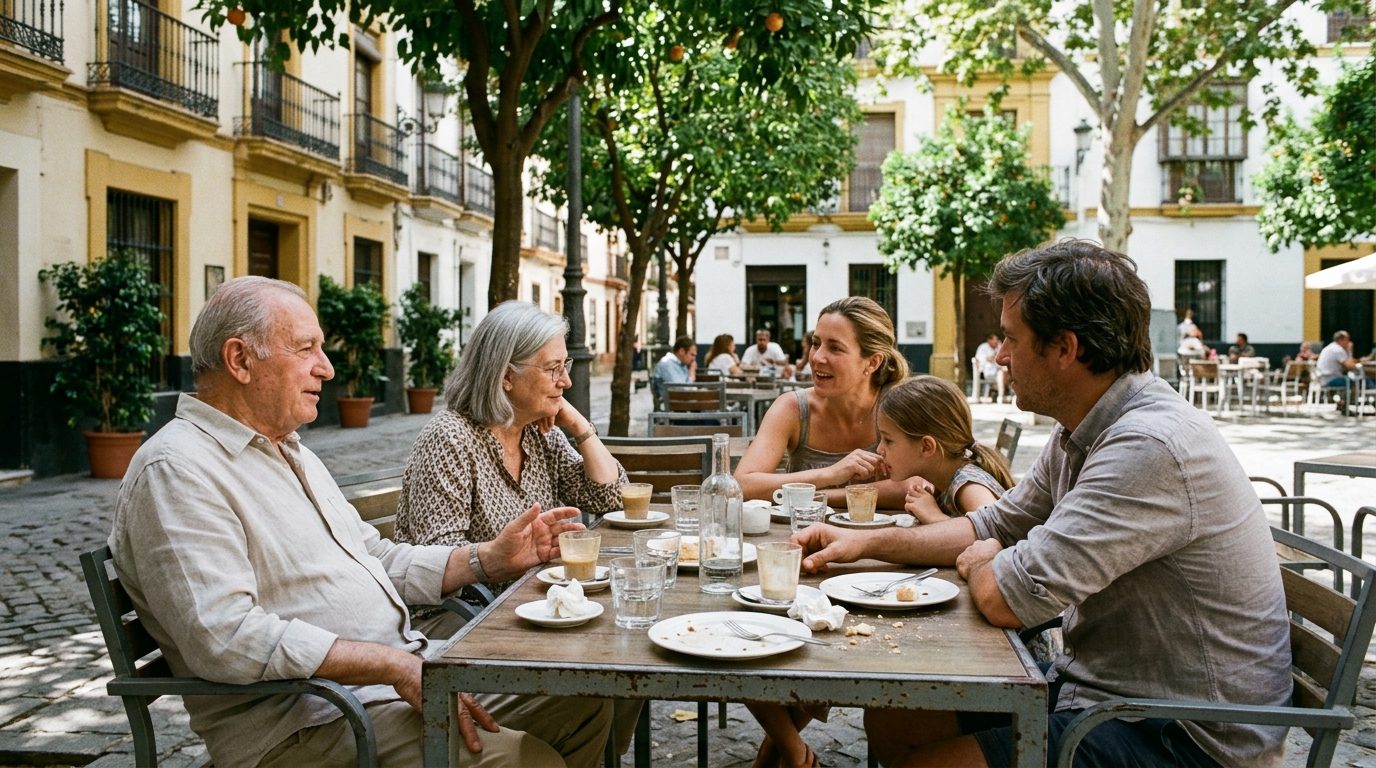 Three generations of a family chatting over coffee after a late lunch on a shaded terrace in a Seville plaza